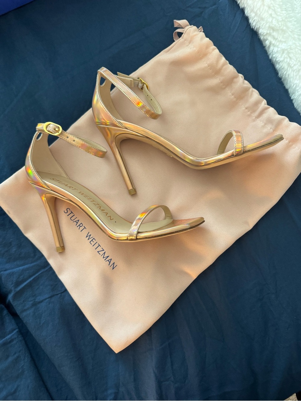 Stuart Weitzman Iridescent Rose Gold Ankle-Strap Stiletto Sandals